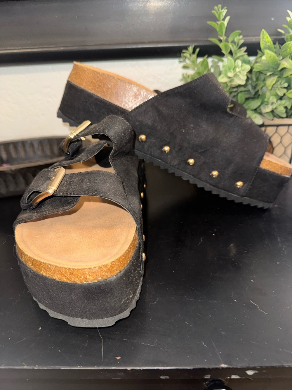 Shoe Dazzle Black Suede Platform Slide Sandals with Gold Studs